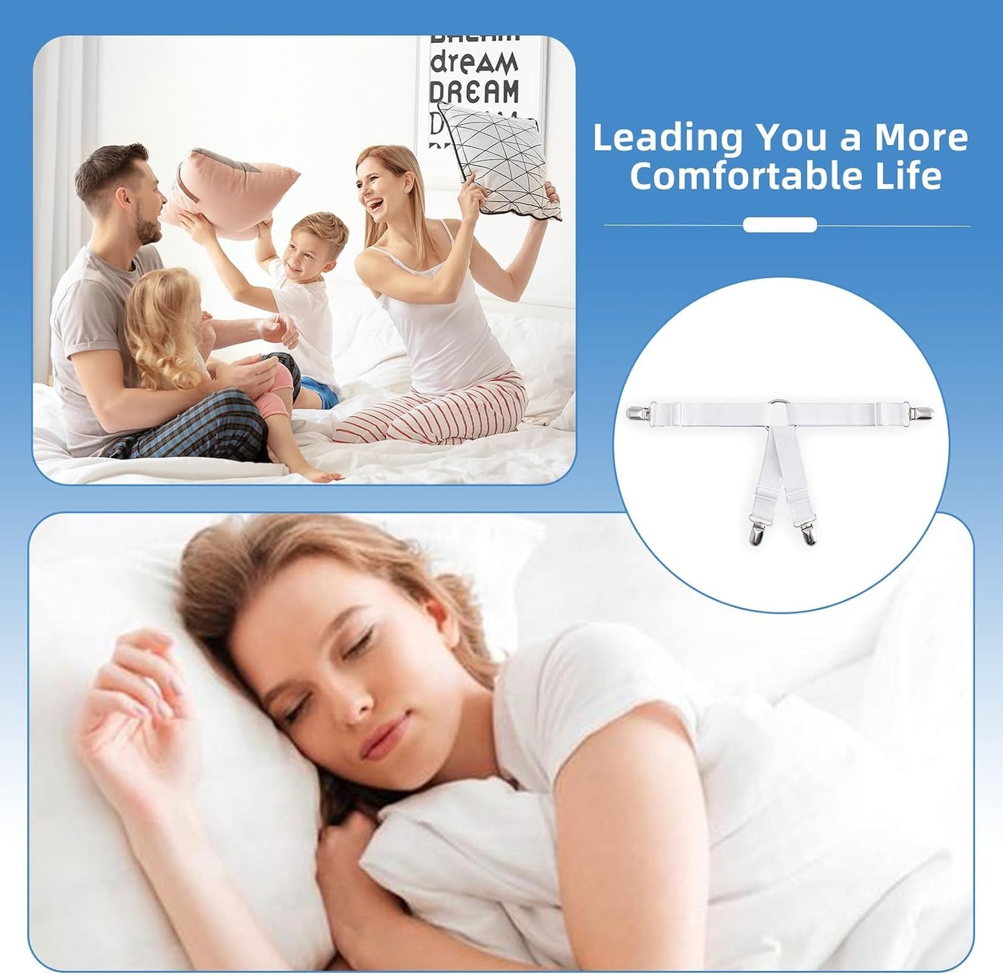 4PCS Adjustable Bed Sheet Holders, Elastic Mattress Sheet Fasteners Holder with Metal Clips for Hold Sheet, Mattress, Sofa, Couch, Table Cloth, (White)