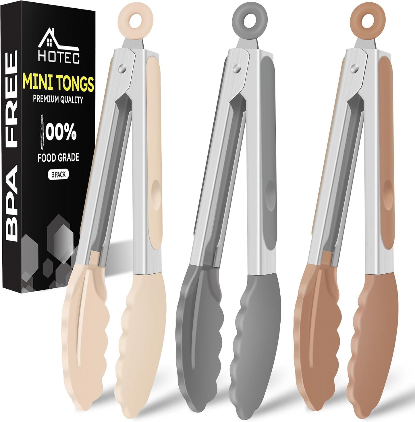 Hotec Mini Silicone Kitchen Tongs for Cooking - 7-Inch Small Serving Tongs with Silicone Tips, Set of 3 (Black,Grey,Light Blue)