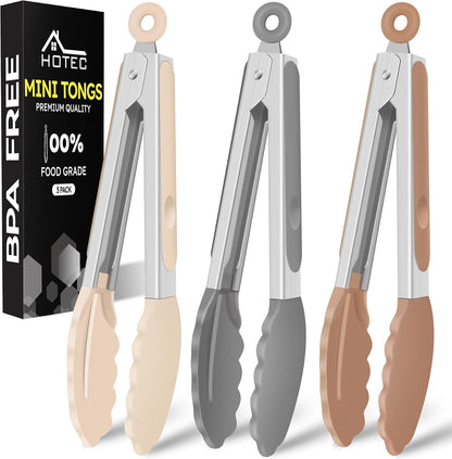 Hotec Mini Silicone Kitchen Tongs for Cooking - 7-Inch Small Serving Tongs with Silicone Tips, Set of 3 (Black,Grey,Light Blue)