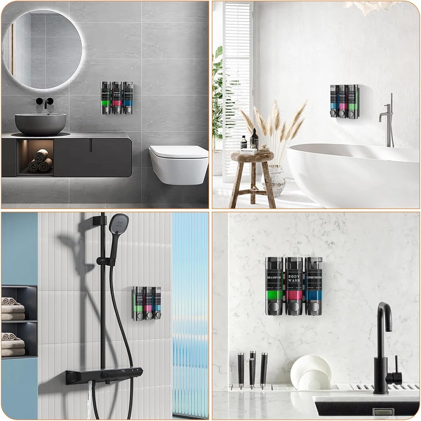 Shampoo and Conditioner Dispenser,Shower Soap Dispenser 3 Chamber No Drill Wall-Mounted Shampoo Dispenser for Shower Wall Mounted Shower Dispenser for Bathroom Hotel Large Capacity,Black
