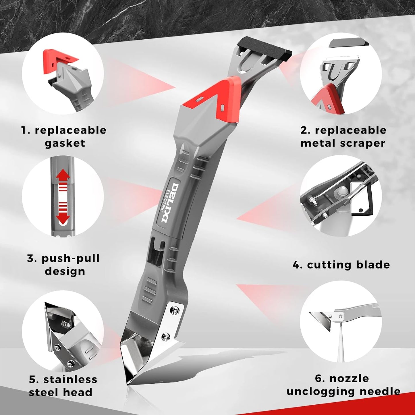 7 in 1 Caulking Tool with 5 Silicone Pads and 10pcs Caulking Tool Kit, Caulk Remover Tool with Replacement Blades and Unclogging Needle, Caulking Removal Tool for Kitchen Bathroom and Window
