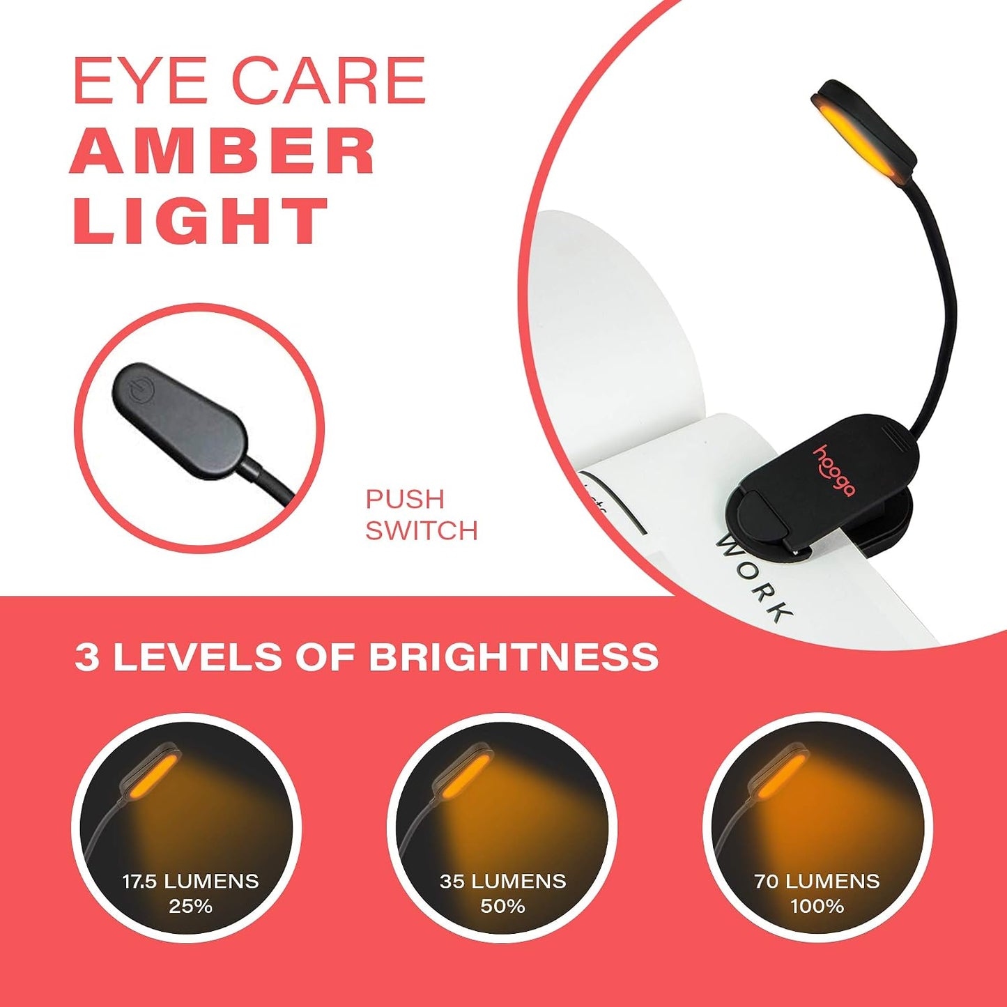 hooga Amber Book Light – Blue Light Blocking Reading Light for Bed, Stepless Dimming, Rechargeable Clip-On Night Light, 1600K Amber & 625nm Red LED for Night Reading