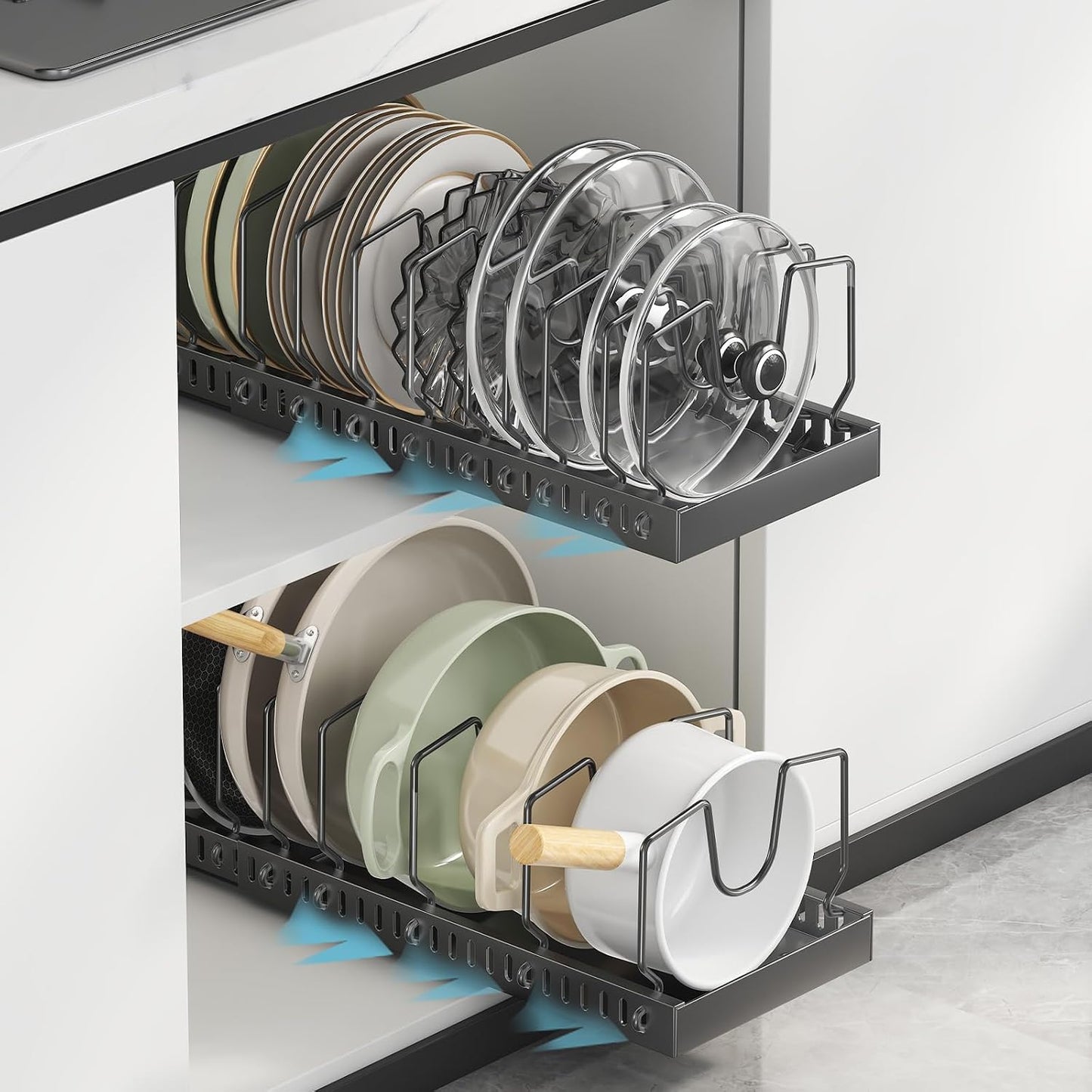 Black 2 Pack Pot Lid Organizer, Pull Out Cabinet Rack, 16 Dividers | 2-pack black carbon steel rack, 16 adjustable dividers, quiet slide rails, adhesive or screw mount for lids, pans, bakeware