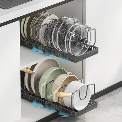 Black 2 Pack Pot Lid Organizer, Pull Out Cabinet Rack, 16 Dividers | 2-pack black carbon steel rack, 16 adjustable dividers, quiet slide rails, adhesive or screw mount for lids, pans, bakeware