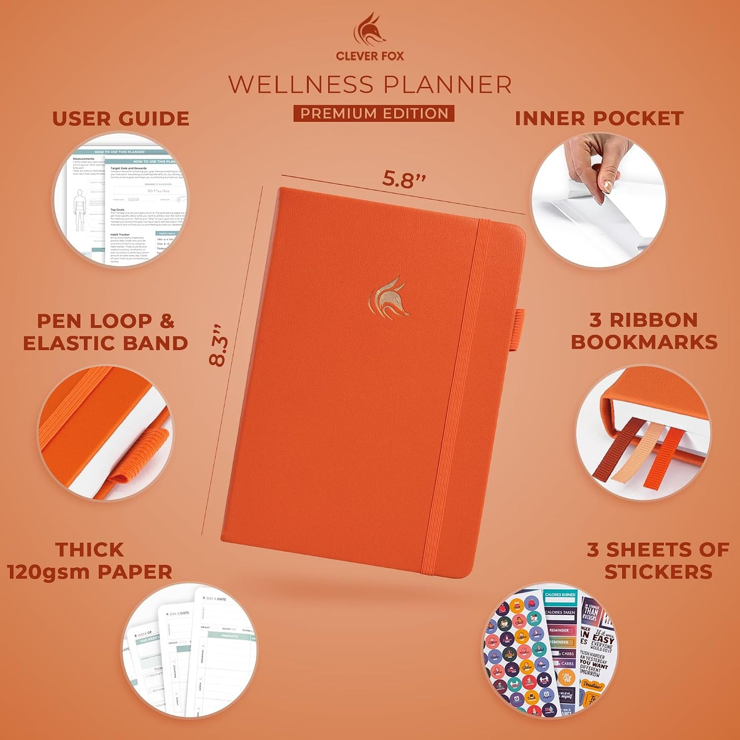 Clever Fox Wellness Planner & Food Journal for Weight Loss, A5 Orange | 5.8"x8.3" nutrition & exercise tracker for women tracking meals, diet & symptom diary, calorie counter notebook, stickers