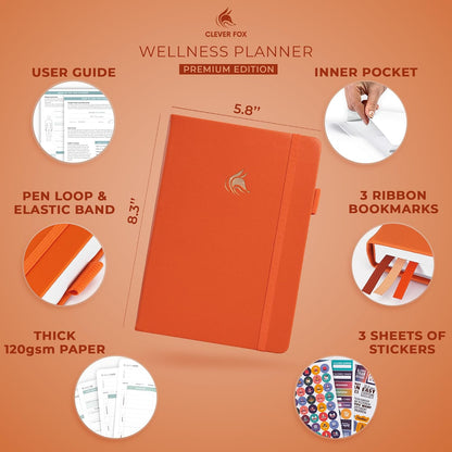 Clever Fox Wellness Planner & Food Journal for Weight Loss, A5 Orange | 5.8"x8.3" nutrition & exercise tracker for women tracking meals, diet & symptom diary, calorie counter notebook, stickers