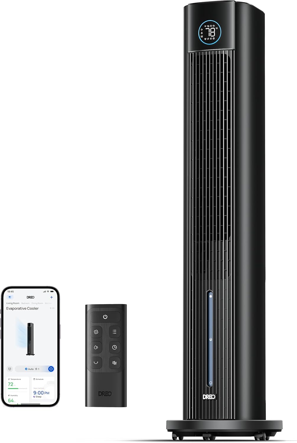 DREO Tower Fan for Bedroom, 43" Cooling Fans That Blow Cold Air 2025 Upgraded, Evaporative Air Cooler, Quiet 85° Oscillating Floor Fan, Easy Cleaning, APP Control, 4 Modes & 4 Speeds, Ink Black