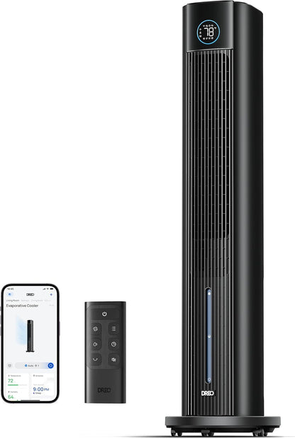 DREO Tower Fan for Bedroom, 43" Cooling Fans That Blow Cold Air 2025 Upgraded, Evaporative Air Cooler, Quiet 85° Oscillating Floor Fan, Easy Cleaning, APP Control, 4 Modes & 4 Speeds, Ink Black