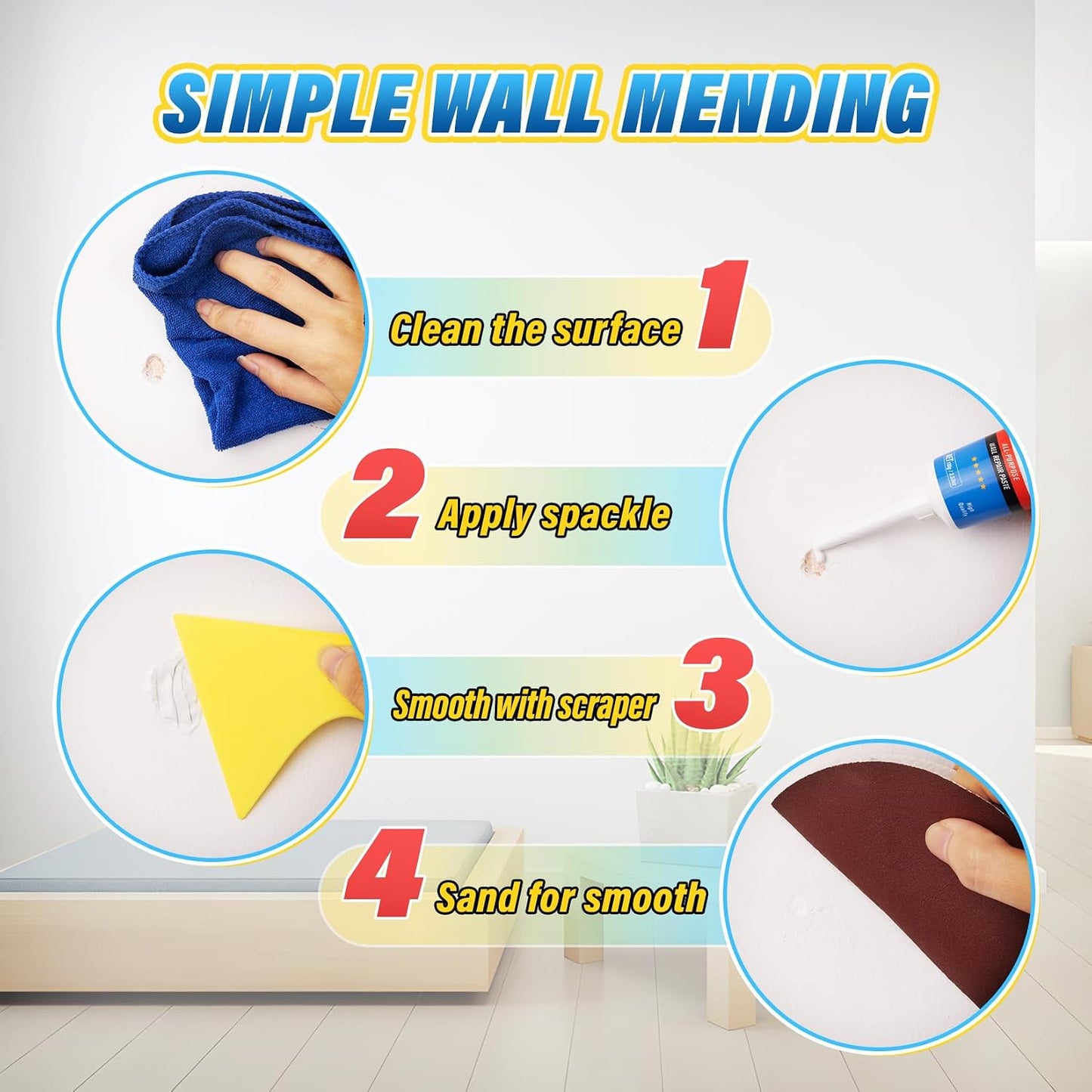 DIYSELF 9-Piece Spackle Wall Repair Kit, 7 oz White Touch Up Paste Set | Complete Repair Tools, Easy-to-Apply Wall Putty for Cracks, Nail Holes, Wall Filler for Gaps, Homes, Apartments and Renters