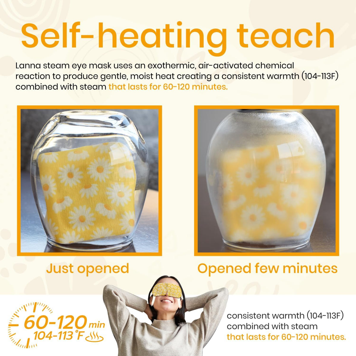 LANNA Heated Steam Eye Mask, Disposable 120 Minutes, Lavender Scent, 5 Pcs