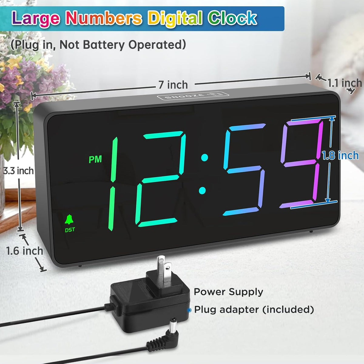 Peakeep Digital Alarm Clock for Bedroom Bedside, Large Display, USB Charger
