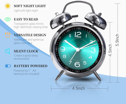 Super Loud Alarm Clock For heavy sleepers,4 inches Twin Bell Alarm Clock with Backlight,Battery Operated,Silent Non Ticking,For Kids,Adults,Bedrooms,Retro decor Desk Analog Clocks.. (Noctilucent)