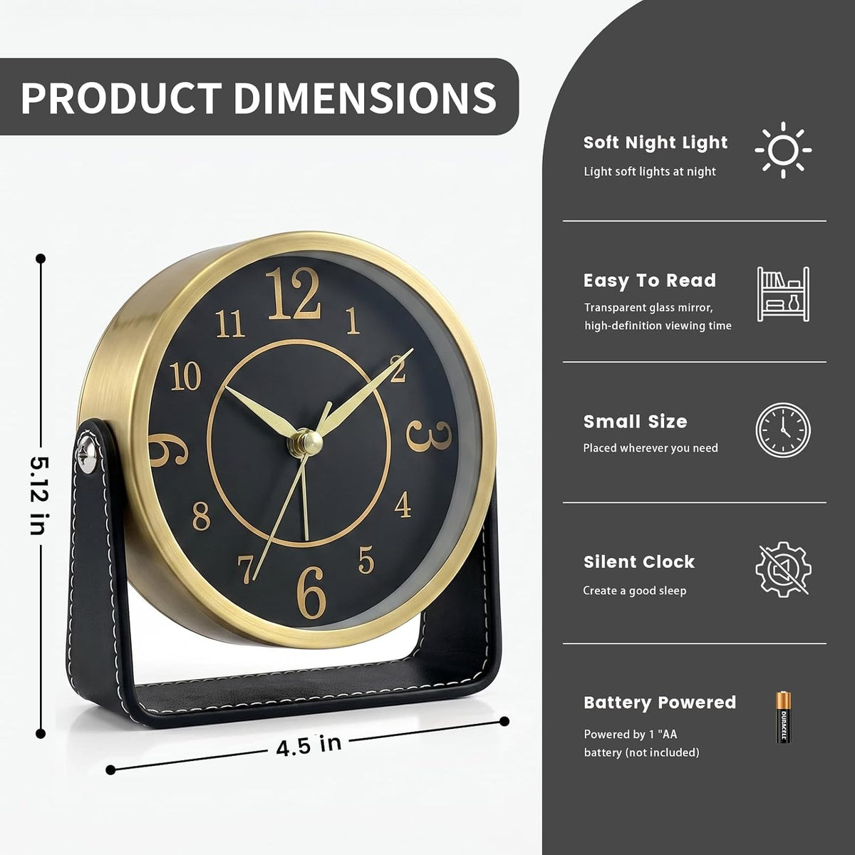 Analog Alarm Clock - 4.5" Silent Non Ticking Small Clock with Light, Rotatable Stand Metal Desk Clock Battery Operated, Simple Design for Living Room Decor/ Bedroom/Bedside/Shelf (Black & White)