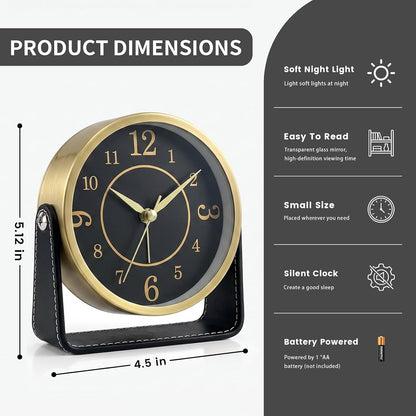 Analog Alarm Clock - 4.5" Silent Non Ticking Small Clock with Light, Rotatable Stand Metal Desk Clock Battery Operated, Simple Design for Living Room Decor/ Bedroom/Bedside/Shelf (Black & White)