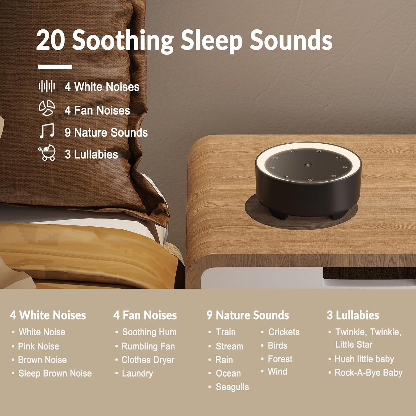 Kipcush White Noise Machine for Sleeping, Baby & Adults, High-Fidelity Non-Looping Sounds, Sleep Sound Machine with Dimmable Night Light, USB Powered, Memory Function, Home, Nursery & Travel