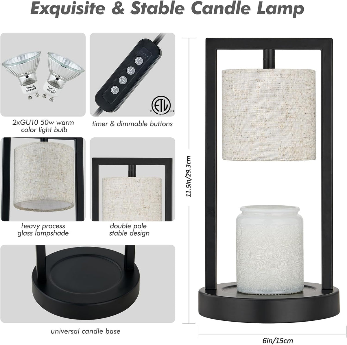 Candle Warmer Lamp with Timer, Black Candle Lamps Linen Fabric Shade, 3-Level Dimmable Candle Warming Wax Melt Warmer for Scented Wax, 50W Electric Warmer Lamp for Women Home Decor (2 Bulbs Included)
