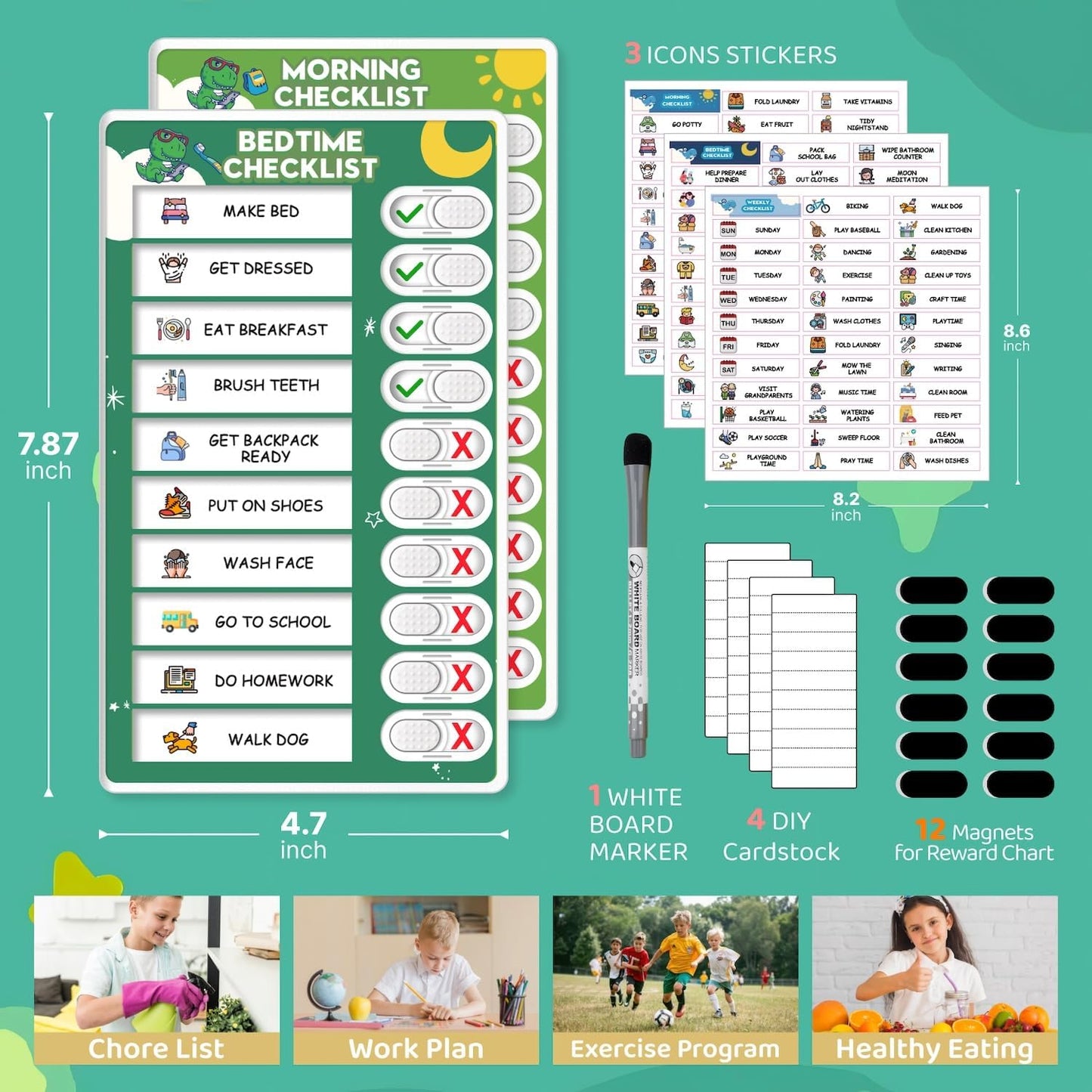 2 in 1 Upgraded Slider Morning/Bedtime Routine Chart for Kids Toddlers - Magnetic Kids Chore Chart for 2 Kids, Dry Erase Chore Chart for Kids, Visual Schedule for Kids with Cute Chore Stickers