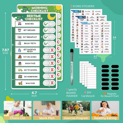 2 in 1 Upgraded Slider Morning/Bedtime Routine Chart for Kids Toddlers - Magnetic Kids Chore Chart for 2 Kids, Dry Erase Chore Chart for Kids, Visual Schedule for Kids with Cute Chore Stickers