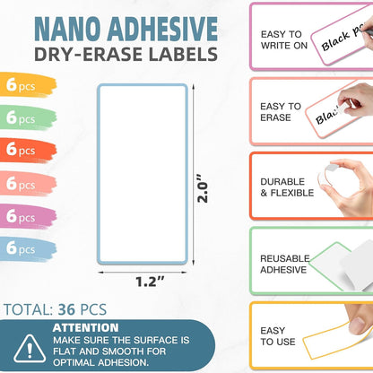 PPB Dry Erase Labels Stickers, Reusable Waterproof Removable Notes for Storage Bins, Freezer, Kitchen, Classroom, Whiteboard, All Purpose Use (1.2”x 2”, Multicolor, 60 Dots)