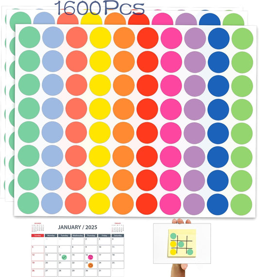 1600 Pcs 3/4 Inch Colored Dot Stickers – Round Color Coding Labels with 10 Vibrant Colors for Office, Classroom, Crafting, and Organizing – Circle Polka Dot Price Stickers
