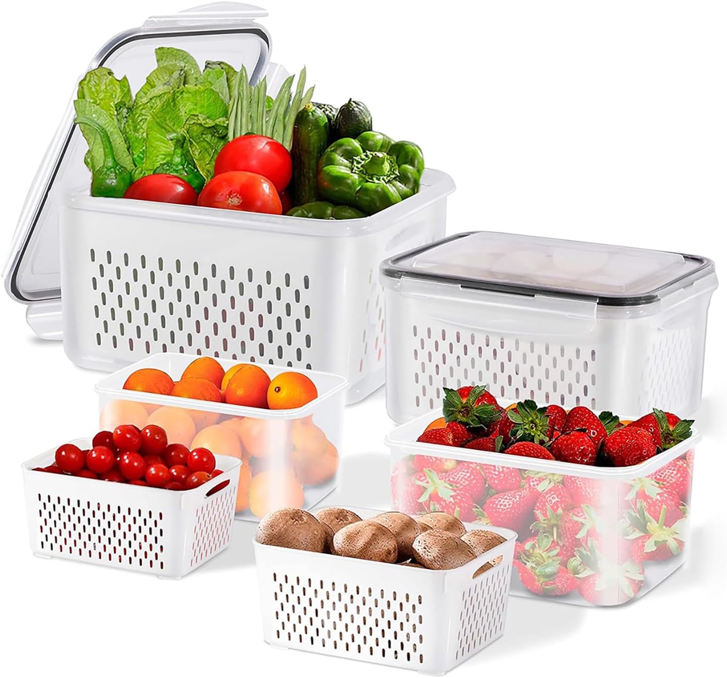 3pcs 4 in 1 Fruit Storage Containers for Fridge with Removable Colanders | Airtight, stackable, keeps food fresh. Dishwasher safe. Berry, vegetable, produce basket, strainer, refrigerator keeper