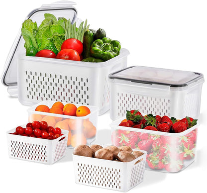 3pcs 4 in 1 Fruit Storage Containers for Fridge with Removable Colanders | Airtight, stackable, keeps food fresh. Dishwasher safe. Berry, vegetable, produce basket, strainer, refrigerator keeper