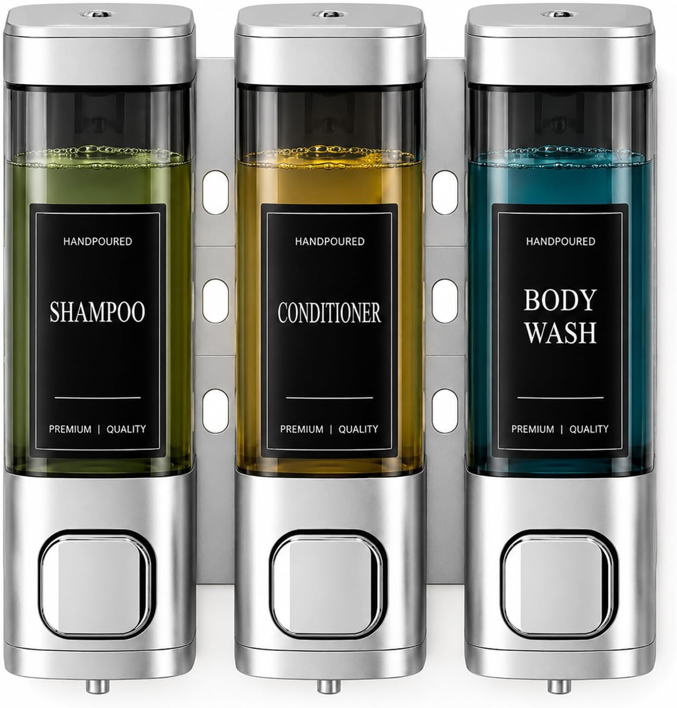 Shampoo and Conditioner Dispenser, Shower Soap Dispenser Wall Mounted, Shower Dispenser 3 Chamber No Drill for Bathroom Large Capacity (Silver)