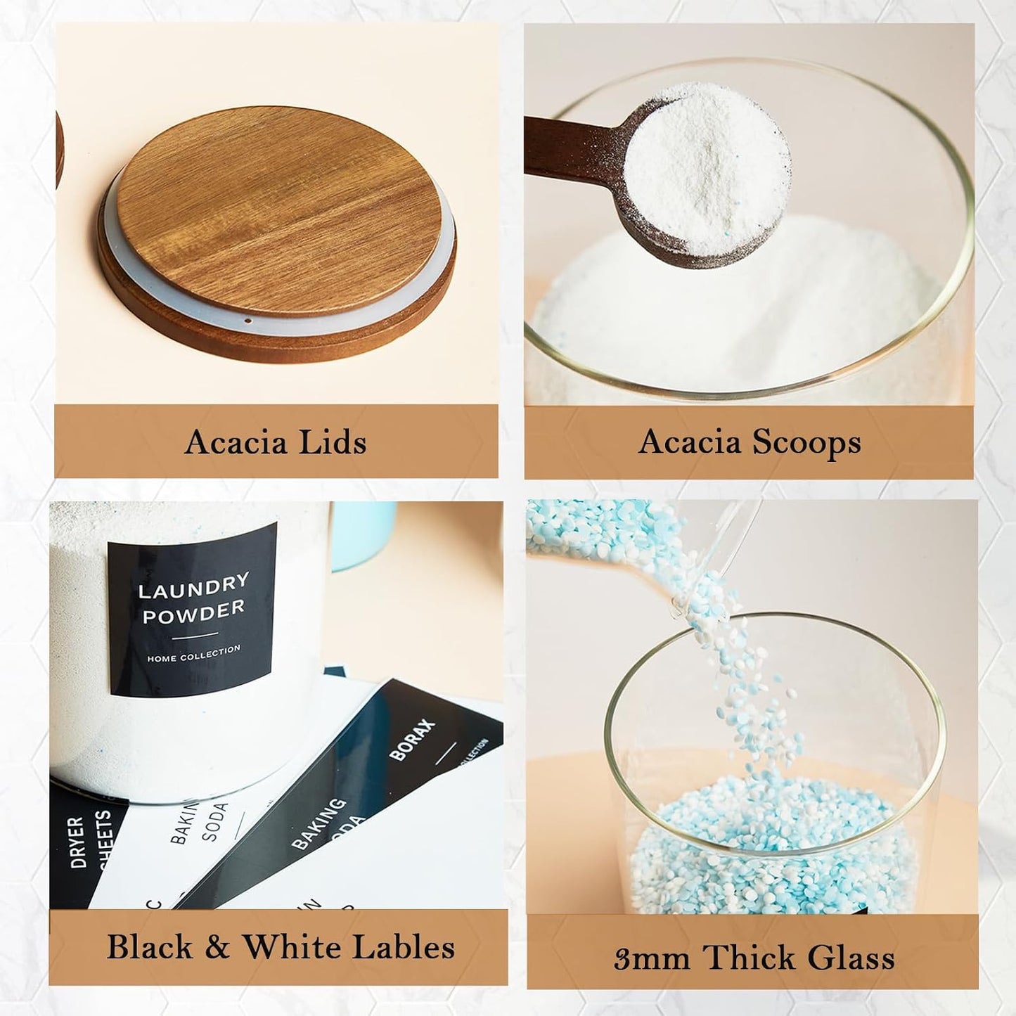 Glass Laundry Storage Containers with Acacia Lids and Scoops, Laundry Jars | 2 Pack Laundry Detergent Canisters for Powder, Laundry Pod Holder & Beads Organizer with Labels for Laundry Room Organization