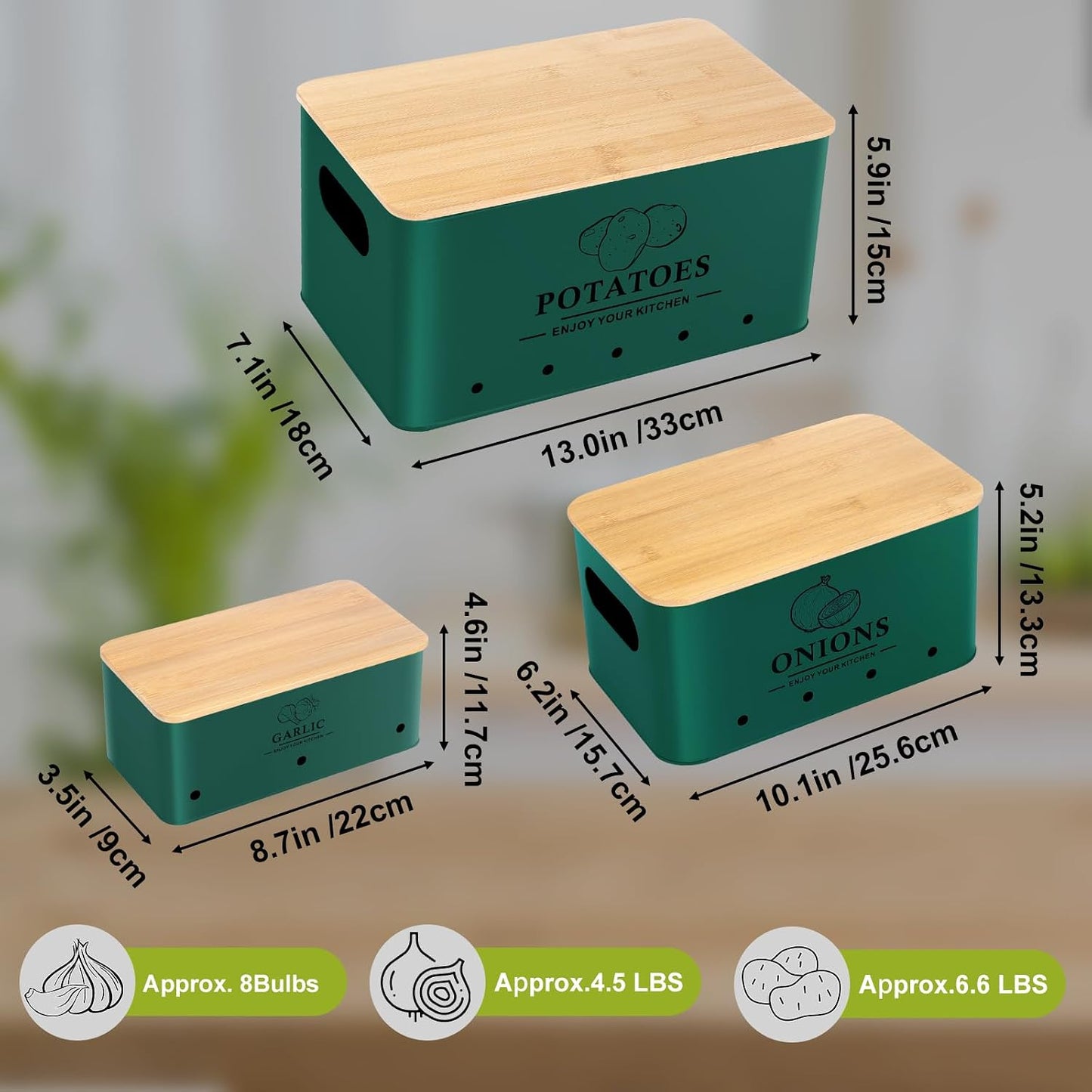Kitchen Vegetable Storage Set of 3, Metal Onion Garlic Potato Storage Set, Kitchen Canisters Vegetable Keeper Containers with Aerating Holes and Bamboo Lid,Black