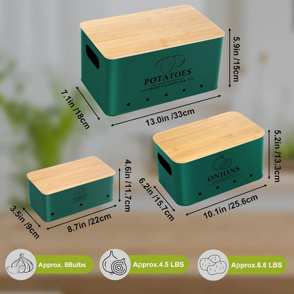 Kitchen Vegetable Storage Set of 3, Metal Onion Garlic Potato Storage Set, Kitchen Canisters Vegetable Keeper Containers with Aerating Holes and Bamboo Lid,Black