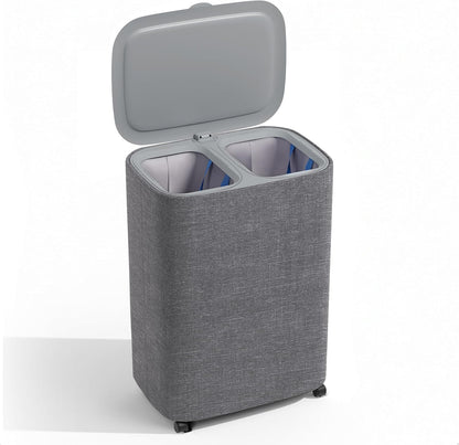 Dual Section 90L Laundry Basket with Wheels and Lid – Tall divided Double Laundry Hamper with 2 Removable Washable Bags, Large Laundry Sorter for Easy Clothes Separation