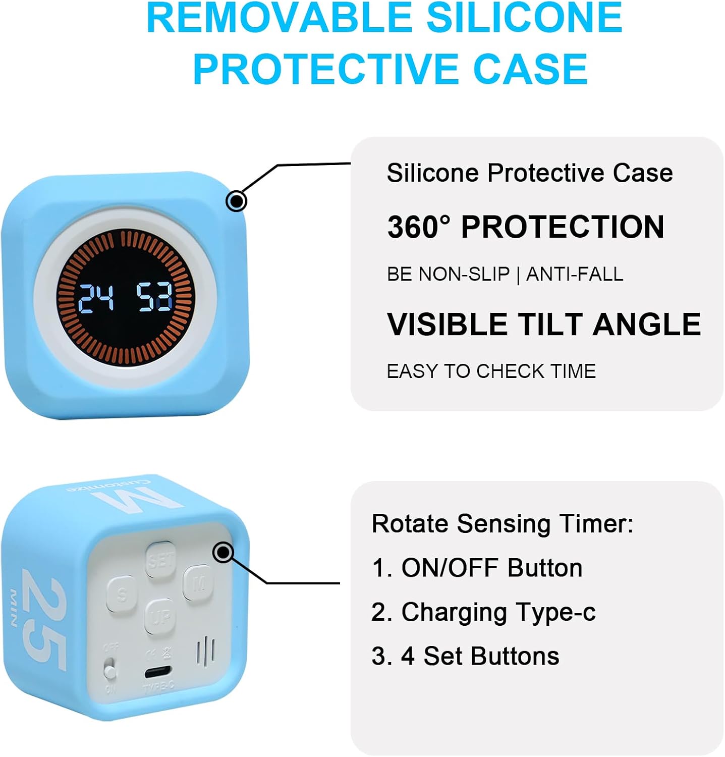 Rotating Cube Pomodoro Visual Timer 5, 25, 10 50 Minutes Preset | Custom Countdown, LED Display, Silicone Case, Loud Alarm&Silent, Rechargeable Desk Productivity Flip Timers for ADHD, Kitchen