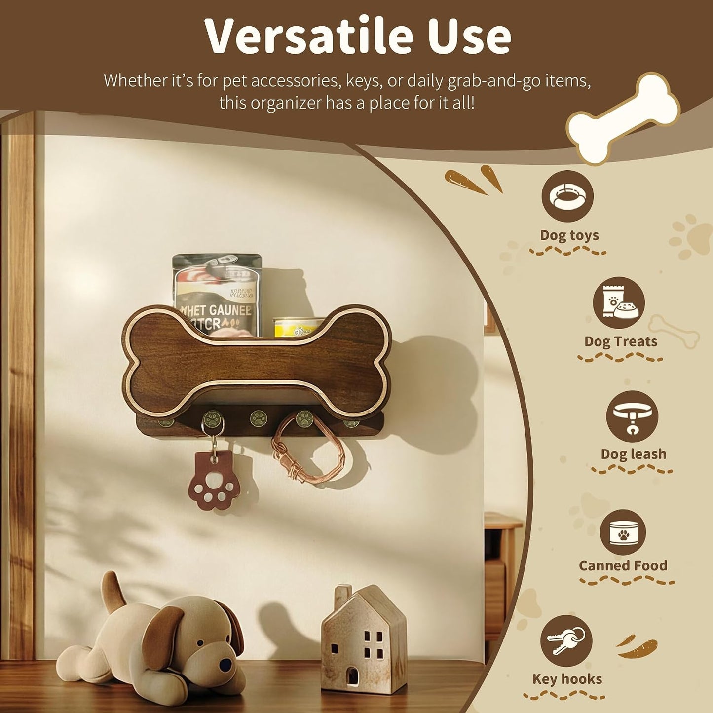 MTERSN Dog Leash Holder for Wall with Key Hooks for Dog Gear Storage, Brown | 3D Puppy Paw Hooks, Doggie Bone Shape, Key Rack with 5 Hooks, Wall Shelf for Treats & Dog Food, Ideal for Wall Decor