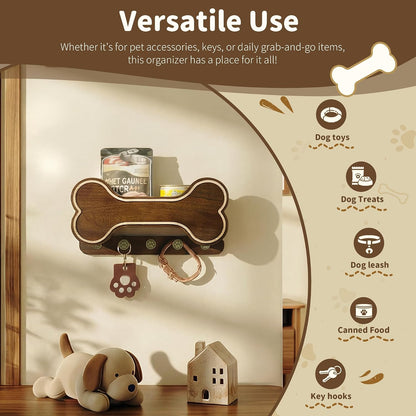 MTERSN Dog Leash Holder for Wall with Key Hooks for Dog Gear Storage, Brown | 3D Puppy Paw Hooks, Doggie Bone Shape, Key Rack with 5 Hooks, Wall Shelf for Treats & Dog Food, Ideal for Wall Decor