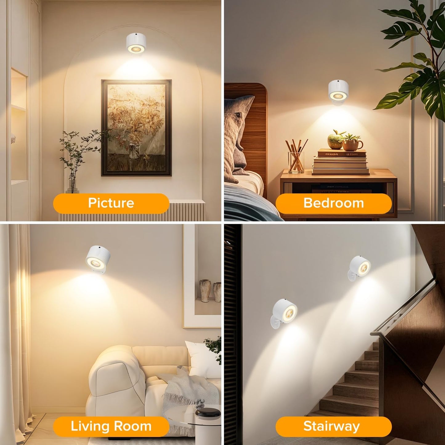 LED Wall Mounted Lights 4 Psc with Remote, 3000mAh Rechargeable Battery Operated Wall Sconces, 3 Lighting Modes & Dimmable, 360°Rotate Cordless Wall Light for Bedroom Bedside Reading Study (White)