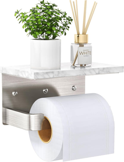 Gypie Toilet Paper Holder with Marble Shelf, Wall Mounted Matte Black | Toilet Roll Holder Black for Bathroom Washroom, Extended Base