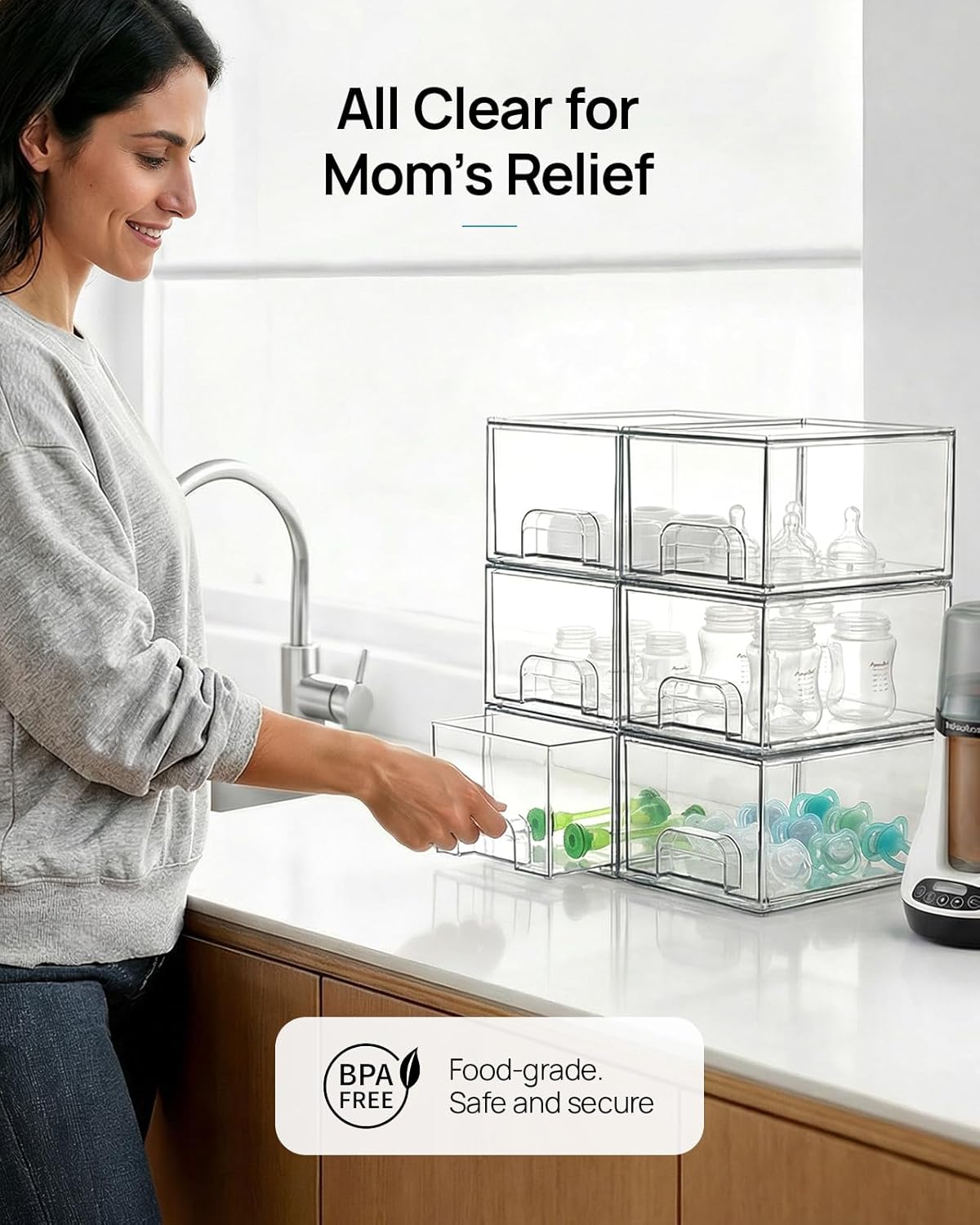 Vtopmart 4 Pack Small Clear Stackable Storage Drawers, Fits Narrow Spaces | Multi-Use Plastic Bins for Bathroom Cabinet Organizer, Makeup, Desk, Vanity, Undersink, Medicine ,Keeps Small Items Organized