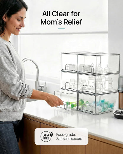 Vtopmart 4 Pack Small Clear Stackable Storage Drawers, Fits Narrow Spaces | Multi-Use Plastic Bins for Bathroom Cabinet Organizer, Makeup, Desk, Vanity, Undersink, Medicine ,Keeps Small Items Organized