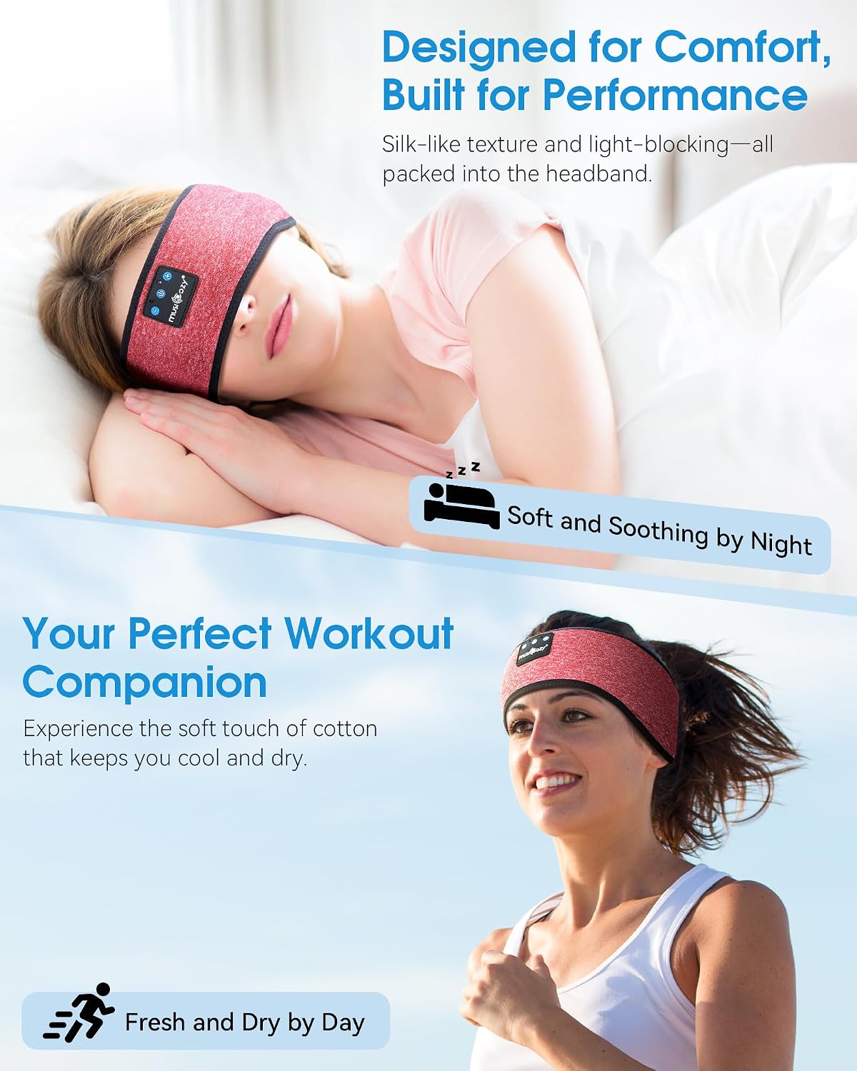 MUSICOZY Sleep Headphones Bluetooth Headband Headphones for Side Sleepers | Sleeping Headbands Wireless Sports Earphones Sweat Resistant Earbuds for Workout Running Cool Gadgets Unique Gifts for Women