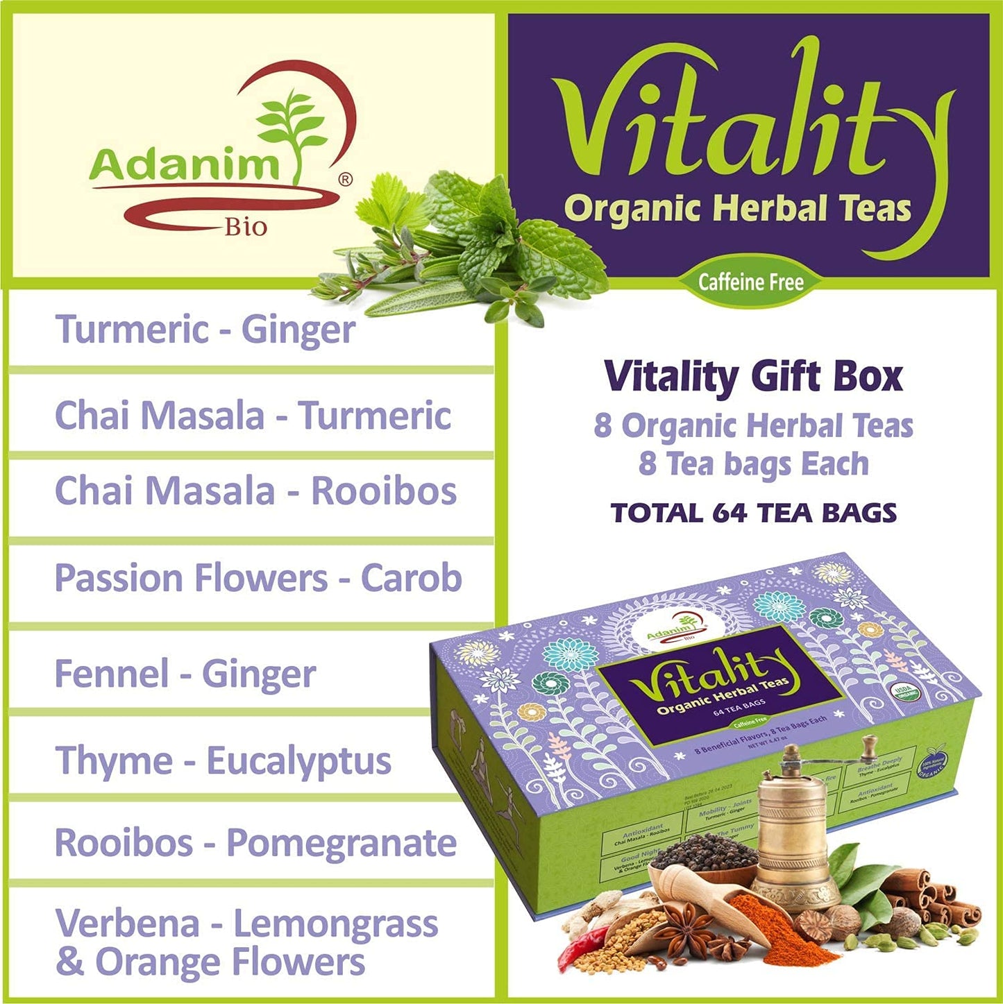 Adanim Bio Vitality Organic Herbal Tea Sampler Gift Box Caffeine Free 8 Unique Flavors for Tea Lovers 64 Individually Wrapped Tea Bags Variety Pack