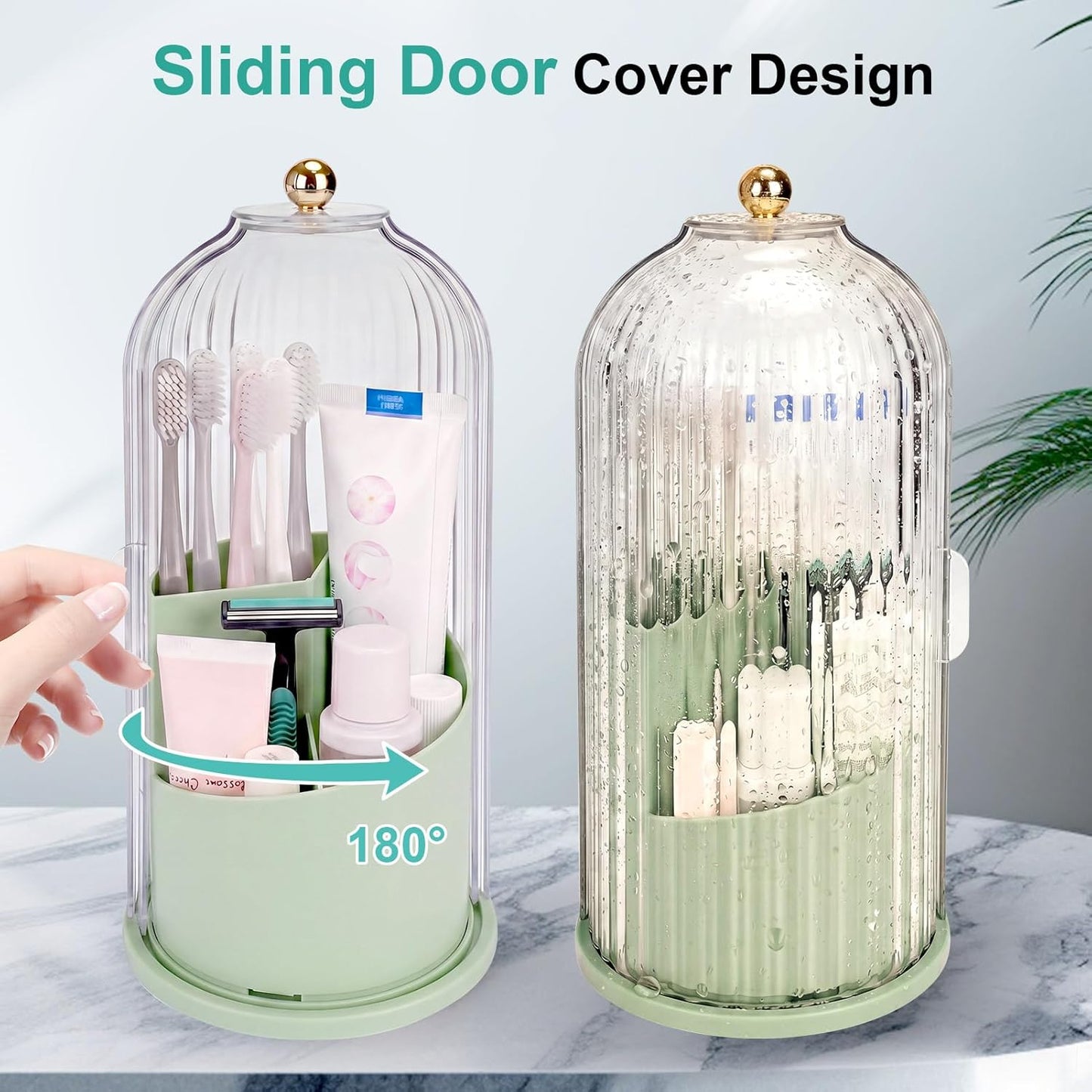 QIYVLOS Toothbrush Holders with Sliding Lid, Rotating 3 Slots Bathroom Organizer Countertop, Tooth Brush Toothpaste Holder Bathroom Counter Stand Sink Organizer Caddy for Vanity Makeup Brushes Holder