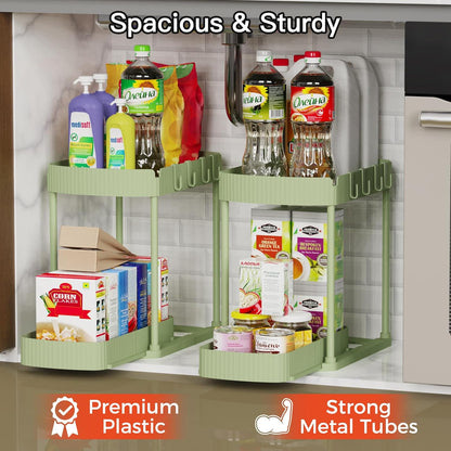 2 Packs Under Sink Pull-Out Storage Organizers, 12.8 Inches, Black | Multi-Purpose Cabinet Organizers and Storage for Bathroom & Kitchen