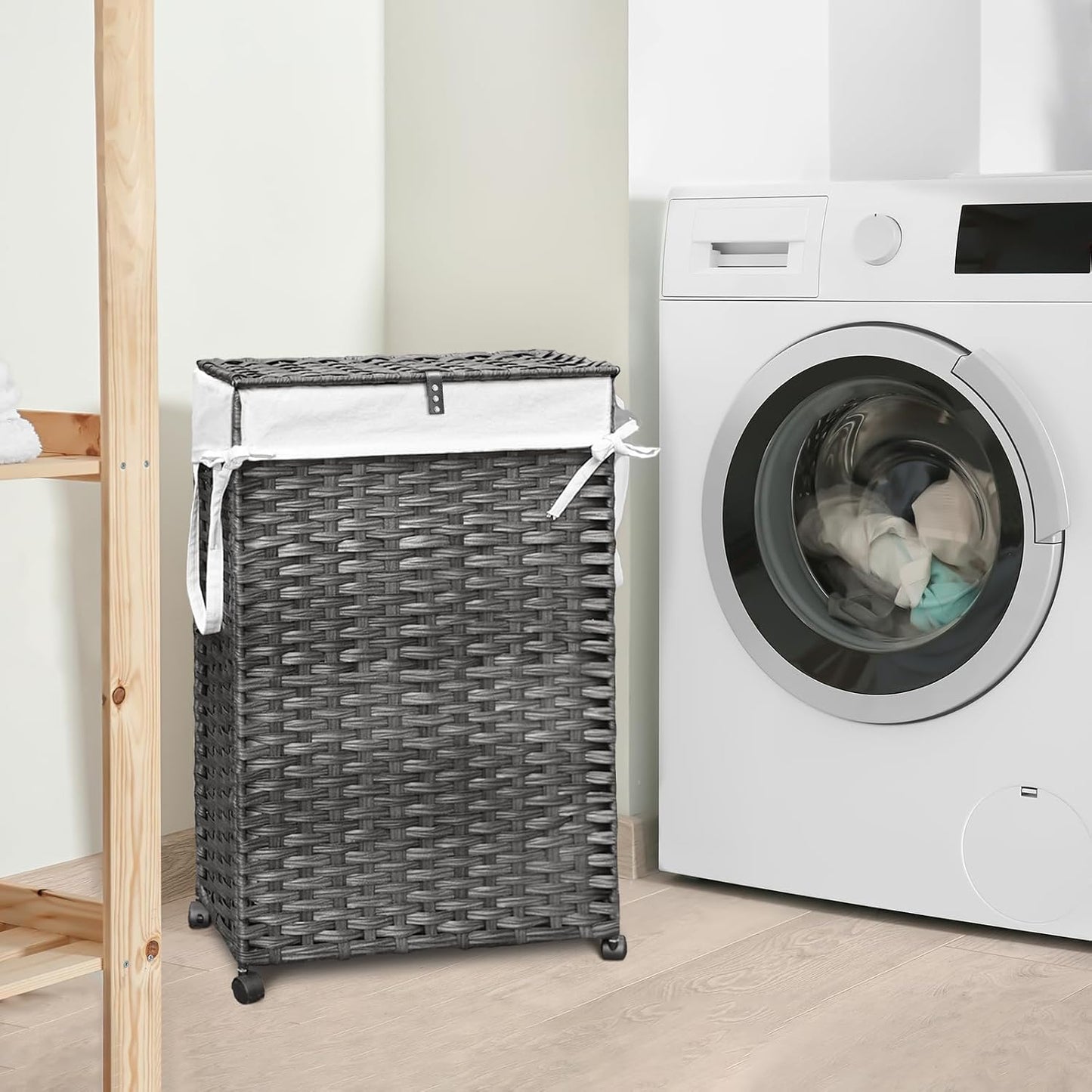 70L Slim Laundry Hamper with Lid & Wheels, Rolling Laundry Basket with 2 Removable Liner Bags & 3 Mesh Bags, Narrow Dirty Clothes Basket, Foldable Handwoven Rattan Laundry Sorter, Brown