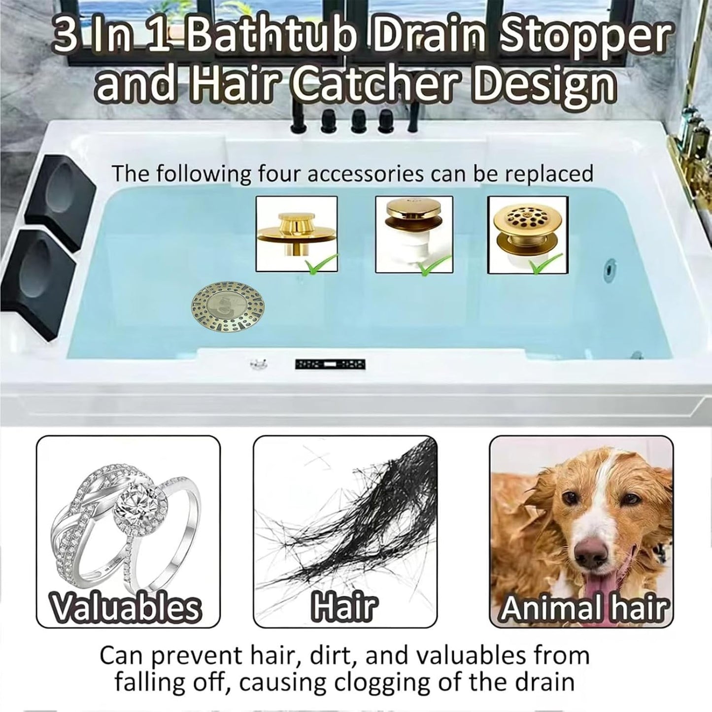 AzWzz Universal Tub Stopper Bathtub Drain Plug, Pop Up Tub Drain Hair Catcher, Drain Cover with Strainer, for 1-3/8 to 2in Bath Drain Hole
