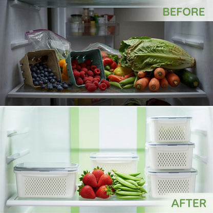 5 Pack Fruit Storage Containers for Fridge, Leakproof Plastic Bins with Removable Drain Colander, Stackable Produce Saver for Fresh Berry Lettuce Vegetable and Meat Storage