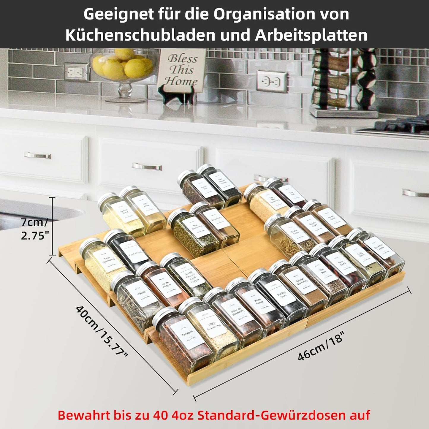Spice Drawer Organzier,4 Tiers Bamboo Spice Rack Tray Insert for Cabinet Drawer Countertop, Kitchen Seasoning Storage Drawer Organization,14.57" Wide x 15.8" Deep （Hold UP To 32 Jars