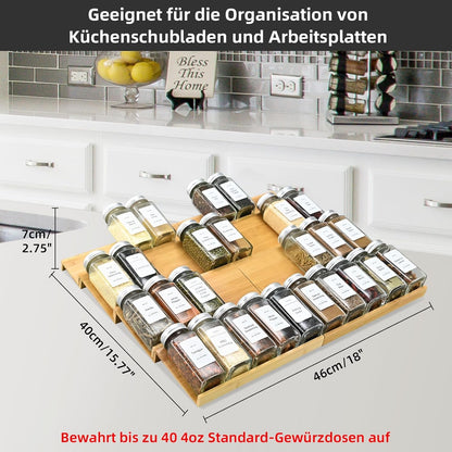 Spice Drawer Organzier,4 Tiers Bamboo Spice Rack Tray Insert for Cabinet Drawer Countertop, Kitchen Seasoning Storage Drawer Organization,14.57" Wide x 15.8" Deep （Hold UP To 32 Jars