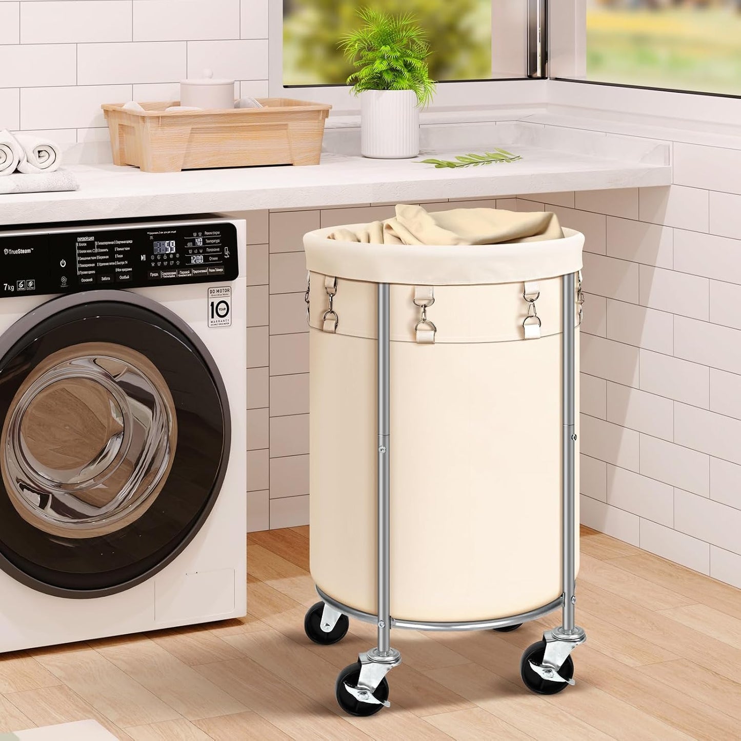 100L Round Rolling Laundry Hamper Basket with Wheels, Grey | Laundry Sorter Cart with Removable Bag, Clothes Organizer, Metal Frame, Bedroom, Bathroom, Laundry Room, Dorm Use