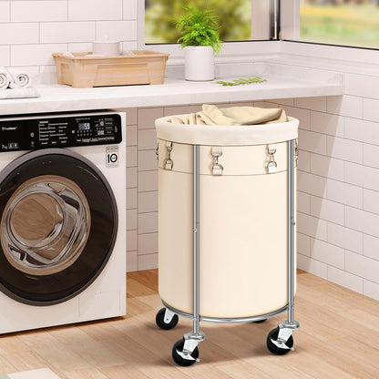 100L Round Rolling Laundry Hamper Basket with Wheels, Grey | Laundry Sorter Cart with Removable Bag, Clothes Organizer, Metal Frame, Bedroom, Bathroom, Laundry Room, Dorm Use