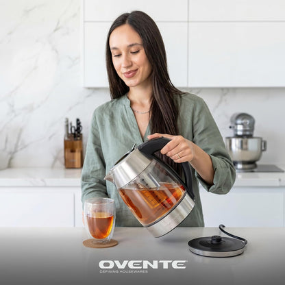 OVENTE 1.8L Glass Electric Kettle with Tea Infuser, Silver KGD752S | 1500W Fast Boiling, Easy Fill Lid, 7 Temperature Control, Keep Warm, Digital Display, Auto Shut-Off, Boil-Dry Protection